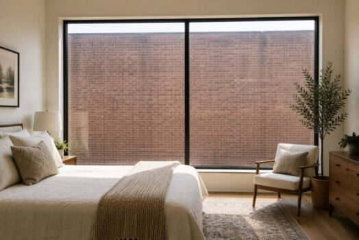 How to fix an ugly view in a bedroom with a large picture window overlooking a plain brick wall, showing how an unattractive view can affect an otherwise beautiful space.