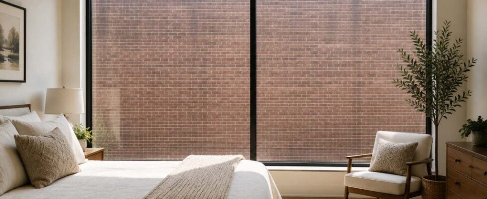 How to fix an ugly view in a bedroom with a large picture window overlooking a plain brick wall, showing how an unattractive view can affect an otherwise beautiful space.