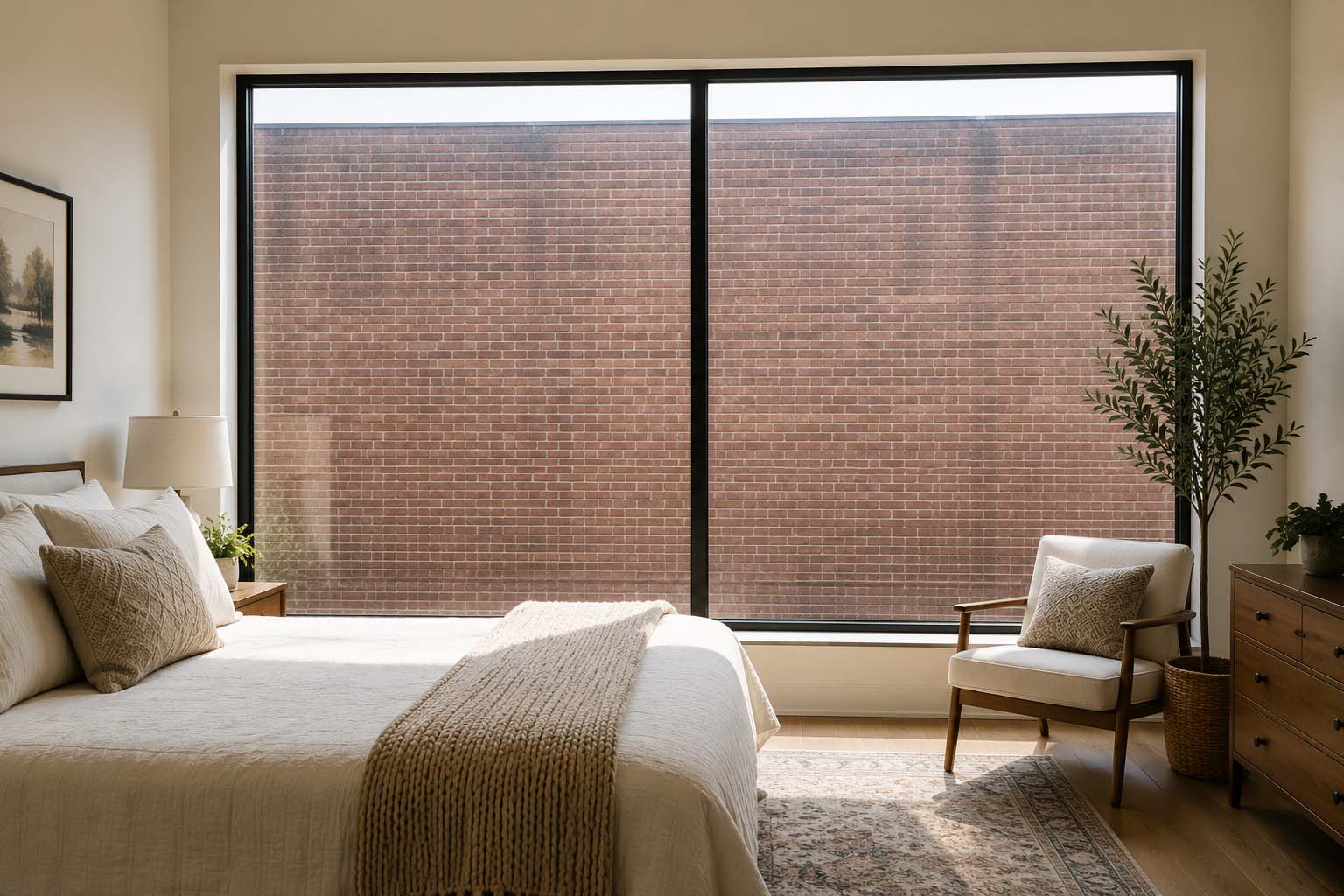 How to fix an ugly view in a bedroom with a large picture window overlooking a plain brick wall, showing how an unattractive view can affect an otherwise beautiful space.