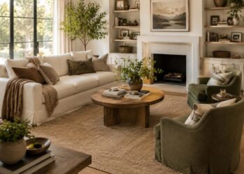Decorate your living room in layers with a bright modern organic living room featuring a large area rug, comfortable seating, artwork, houseplants, and cozy textures.