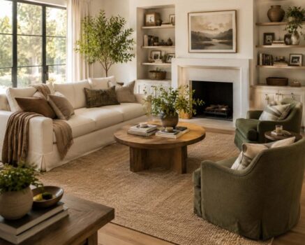 Decorate your living room in layers with a bright modern organic living room featuring a large area rug, comfortable seating, artwork, houseplants, and cozy textures.