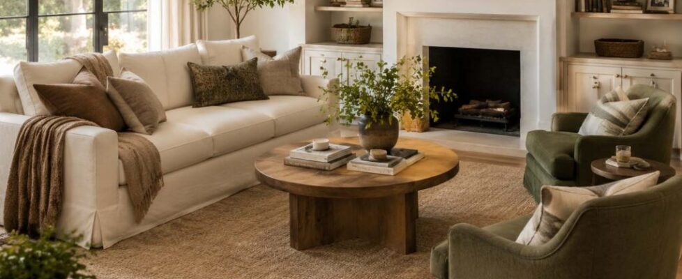 Decorate your living room in layers with a bright modern organic living room featuring a large area rug, comfortable seating, artwork, houseplants, and cozy textures.