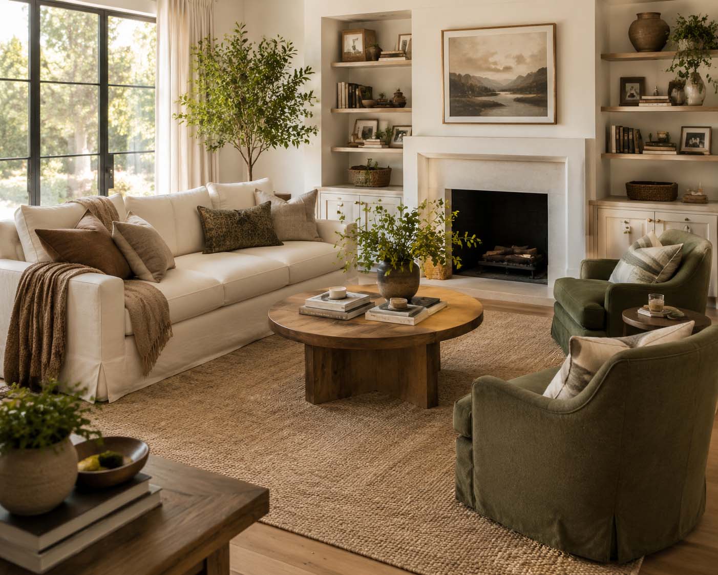Decorate your living room in layers with a bright modern organic living room featuring a large area rug, comfortable seating, artwork, houseplants, and cozy textures.