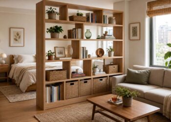 Storage wall room divider with small space storage ideas for a studio apartment.