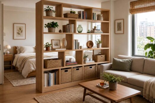 Storage wall room divider with small space storage ideas for a studio apartment.