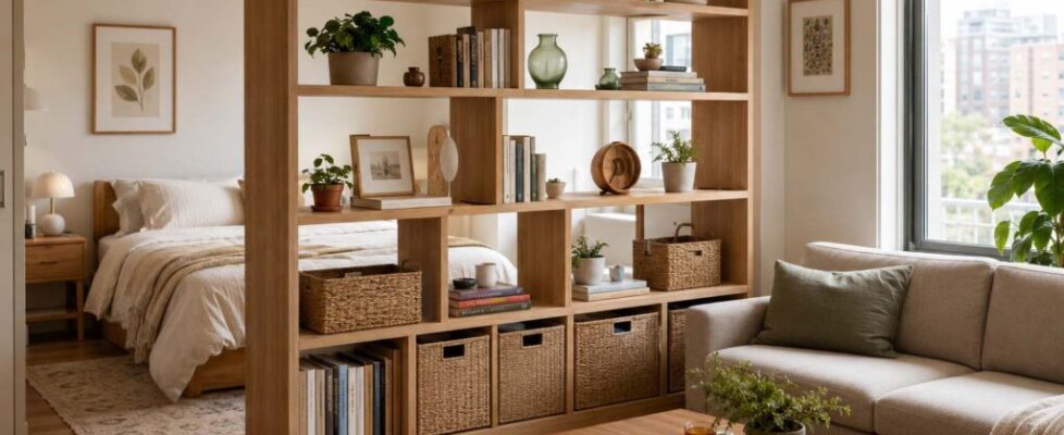 Storage wall room divider with small space storage ideas for a studio apartment.