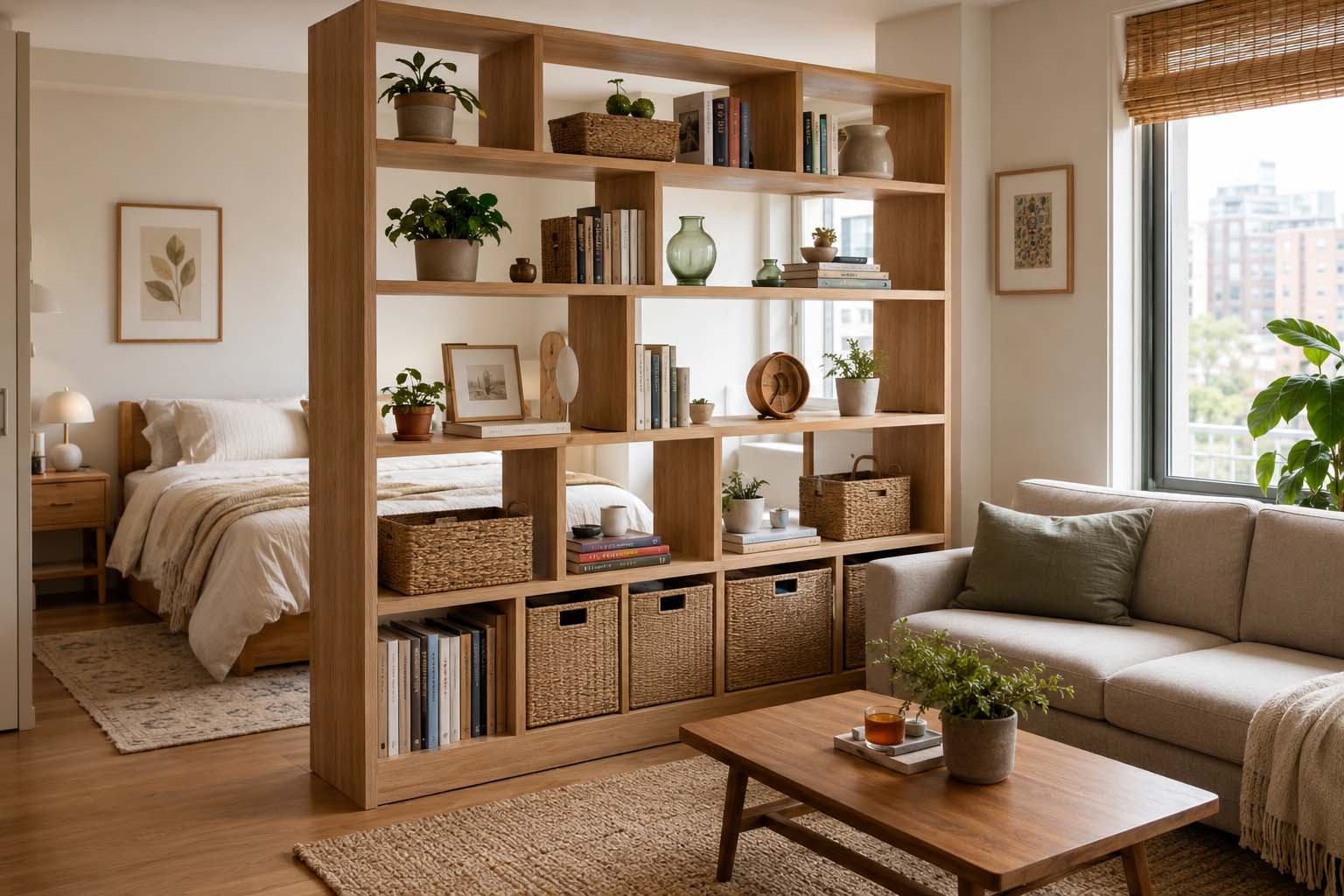 Storage wall room divider with small space storage ideas for a studio apartment.