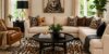 Modern living room decorated with animal print rug, accent pillows, and wildlife-inspired artwork.