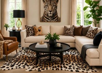 Modern living room decorated with animal print rug, accent pillows, and wildlife-inspired artwork.