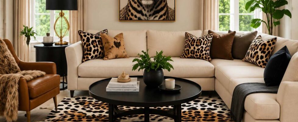 Modern living room decorated with animal print rug, accent pillows, and wildlife-inspired artwork.