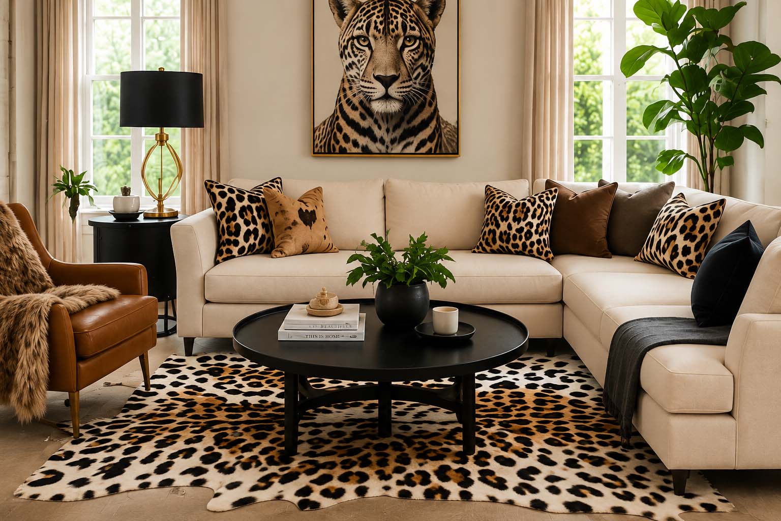 Modern living room decorated with animal print rug, accent pillows, and wildlife-inspired artwork.