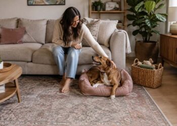Woman petting her dog in a pet friendly living room with a washable rug, coordinated dog bed, and woven toy basket.