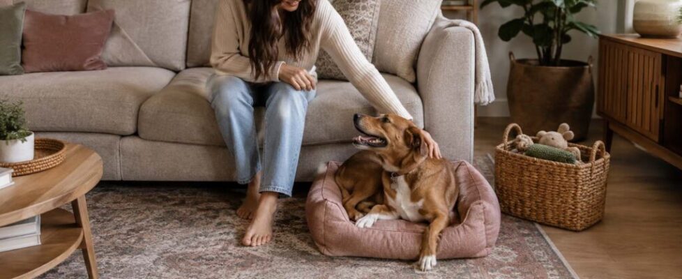 Woman petting her dog in a pet friendly living room with a washable rug, coordinated dog bed, and woven toy basket.