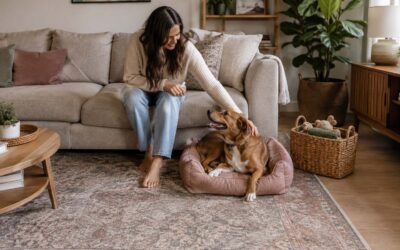 Woman petting her dog in a pet friendly living room with a washable rug, coordinated dog bed, and woven toy basket.