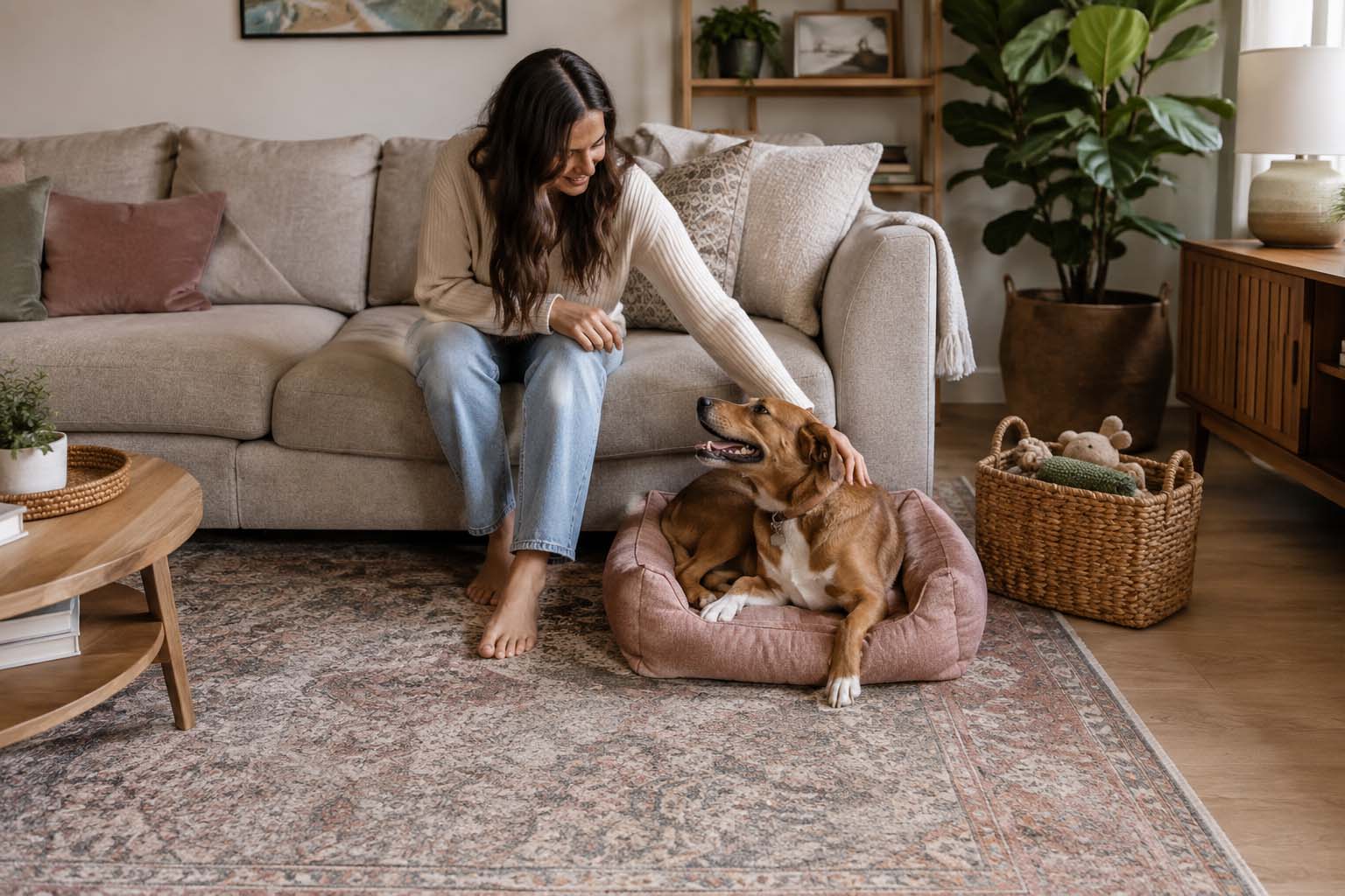 Woman petting her dog in a pet friendly living room with a washable rug, coordinated dog bed, and woven toy basket.