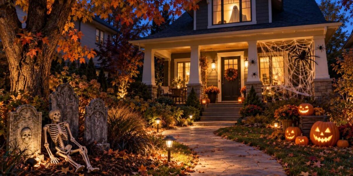 Halloween decorations in a front yard