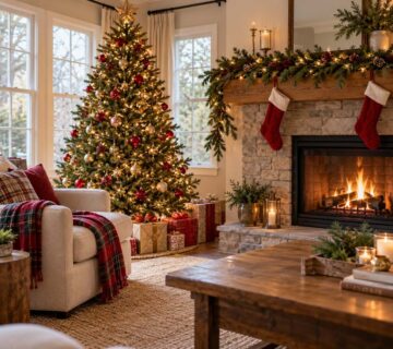 Christmas living room with a decorated tree, wrapped gifts, and red stockings on a garland-covered mantel.
