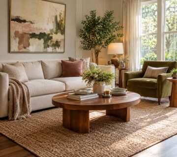 Cream sofa and olive armchair around a walnut coffee table in a sunlit living room.