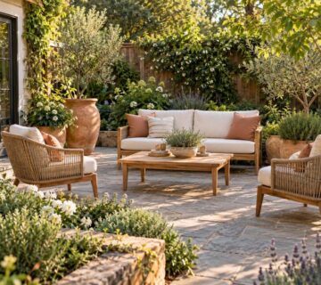 Garden patio with teak seating, cream cushions, and terracotta planters.