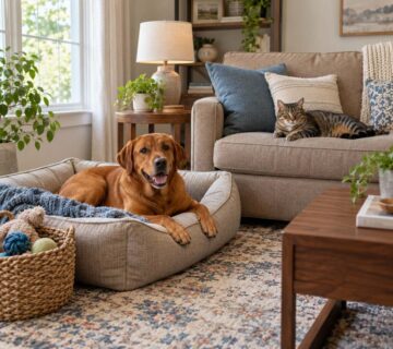 Dog resting in a cushioned bed beside a sofa with a lounging tabby cat.