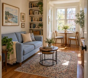 Compact living room with a blue loveseat, nesting tables, built-in shelves, and a dining nook.