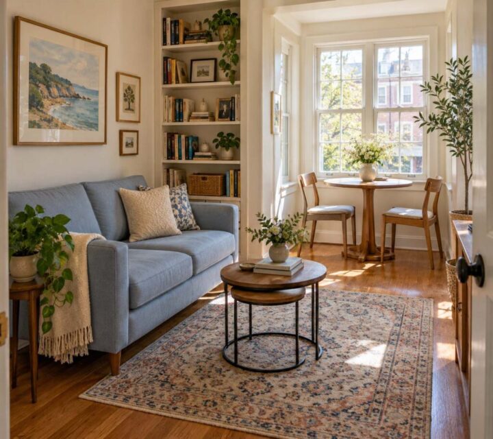 Compact living room with a blue loveseat, nesting tables, built-in shelves, and a dining nook.