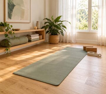 Sunlit home yoga room with a sage mat, cork blocks, and shelves for blankets and props.